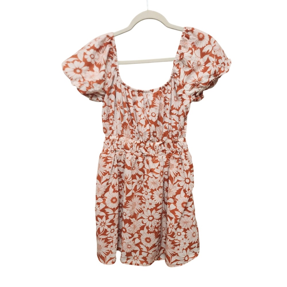 American Eagle Orange Floral Puff Sleeve Open Back Mini Dress Womens Medium